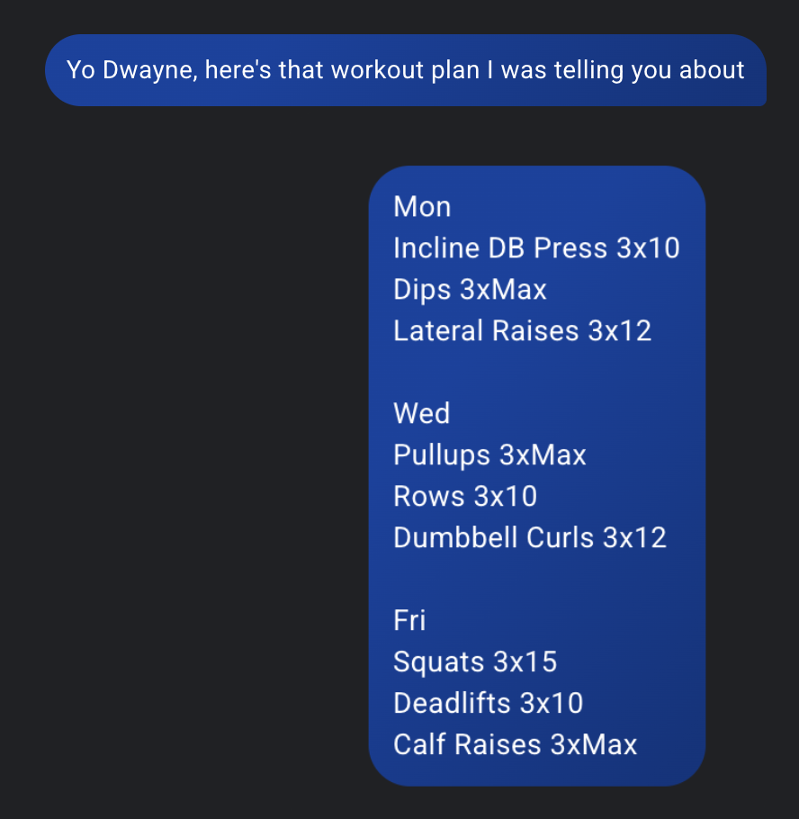 The screenshot that was uploaded: a coach's plan sent as a text message